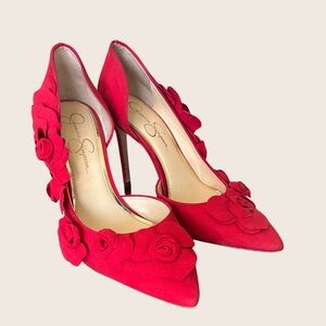 Jessica Simpson Red Suede Floral Appliqué Pointed-Toe Stiletto Heels Size 10